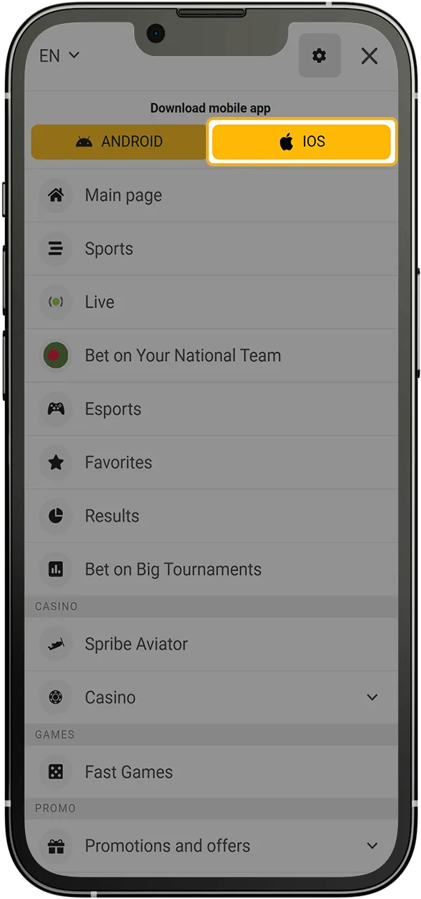 Select the iOS button to download Melbet iOS app to your device.